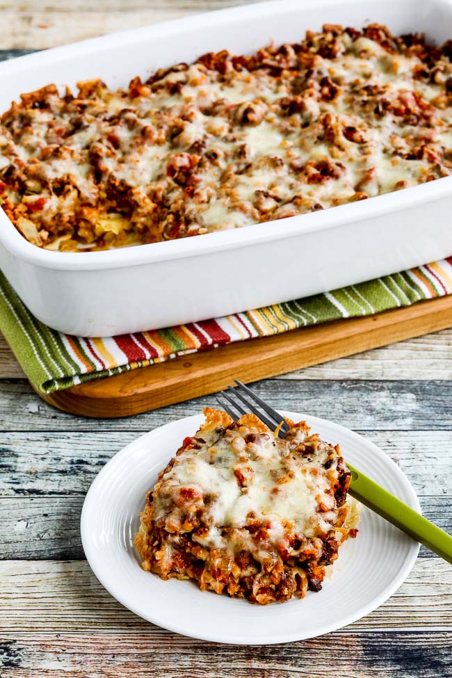 Low Carb Deconstructed Stuffed Cabbage Casserole Finished Casserole in Baking Dish and Portion on Plate