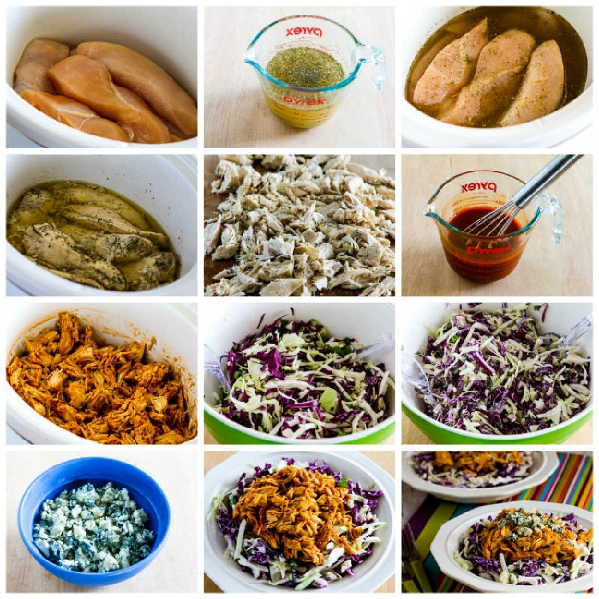 Buffalo Chicken and Blue Cheese Cabbage Bowl collage of recipe steps photos