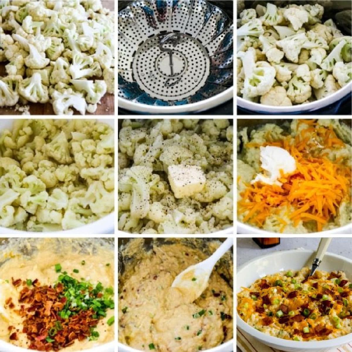 Loaded Cauliflower Mash (Instant Pot or Stovetop) collage of recipe steps.