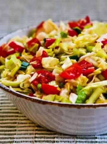 Square image of Spicy Cabbage Puerto Rican Salad in serving bowl.