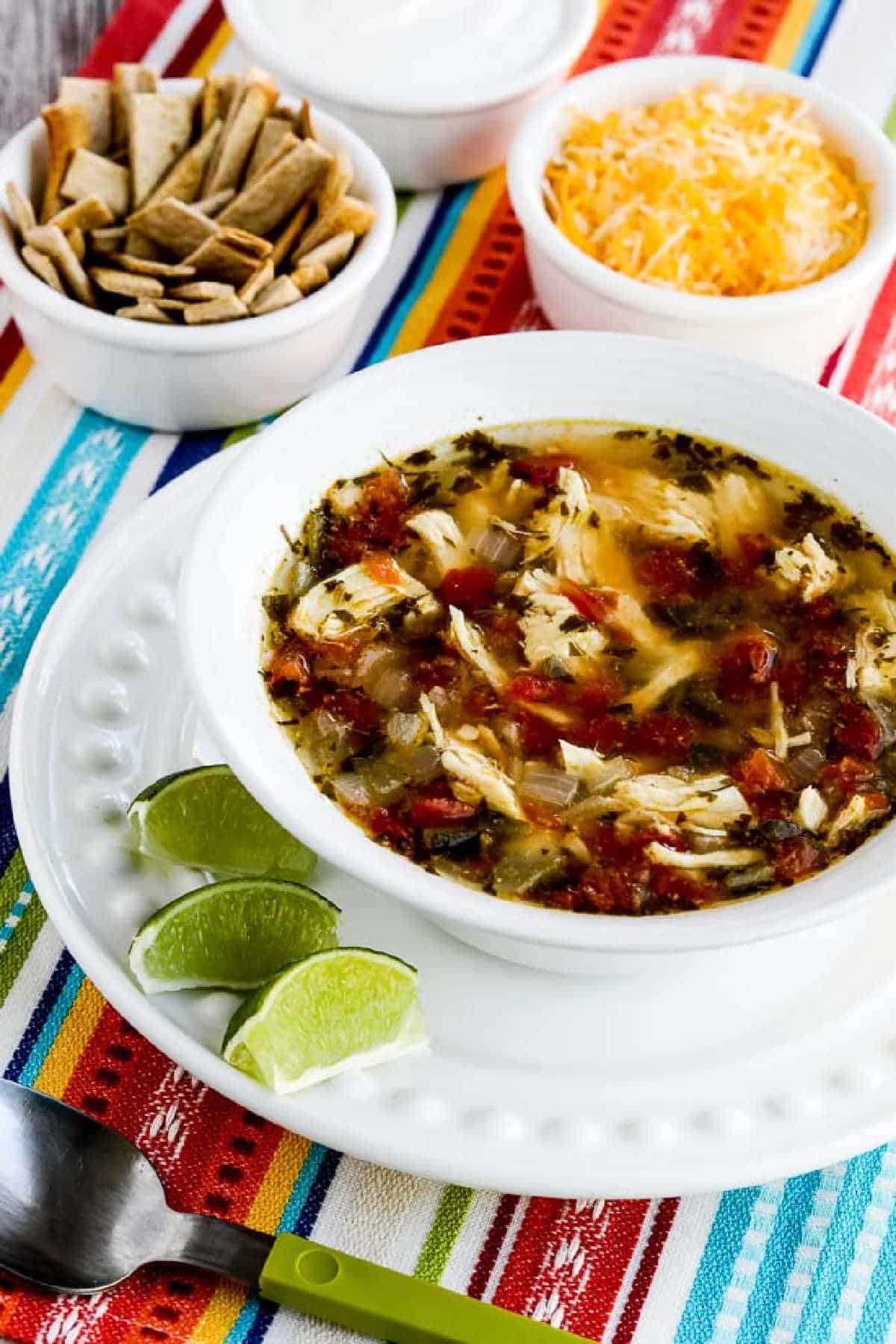 Instant Pot Chicken Tortilla Soup shown in serving bowl 