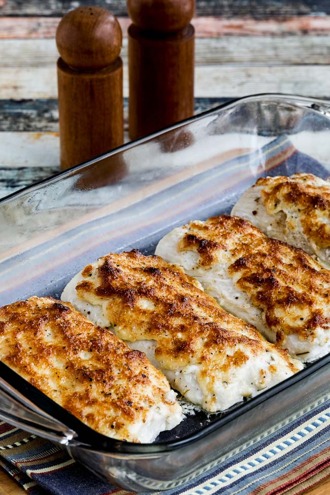 Easy Low-Carb Baked Mayo-Parmesan Fish found on KalynsKitchen.com