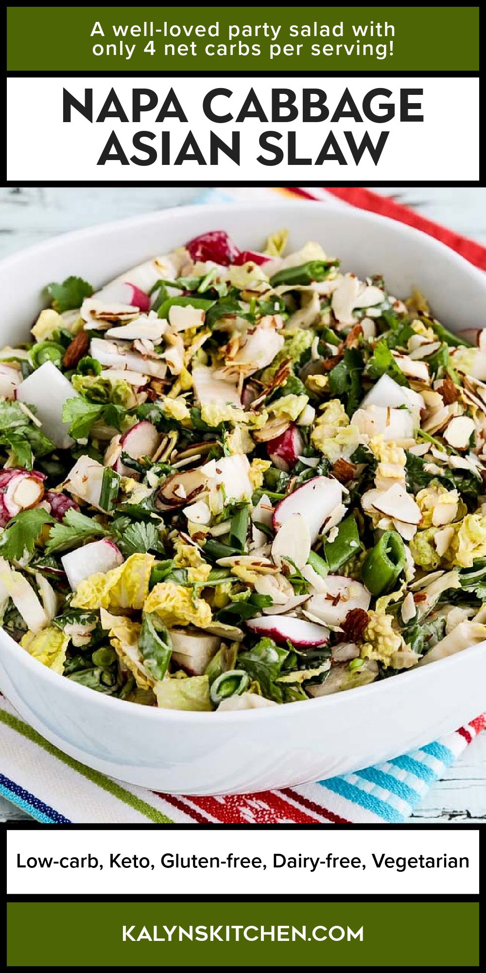 Pinterest image for Napa Cabbage Asian Slaw shown in serving bowl.