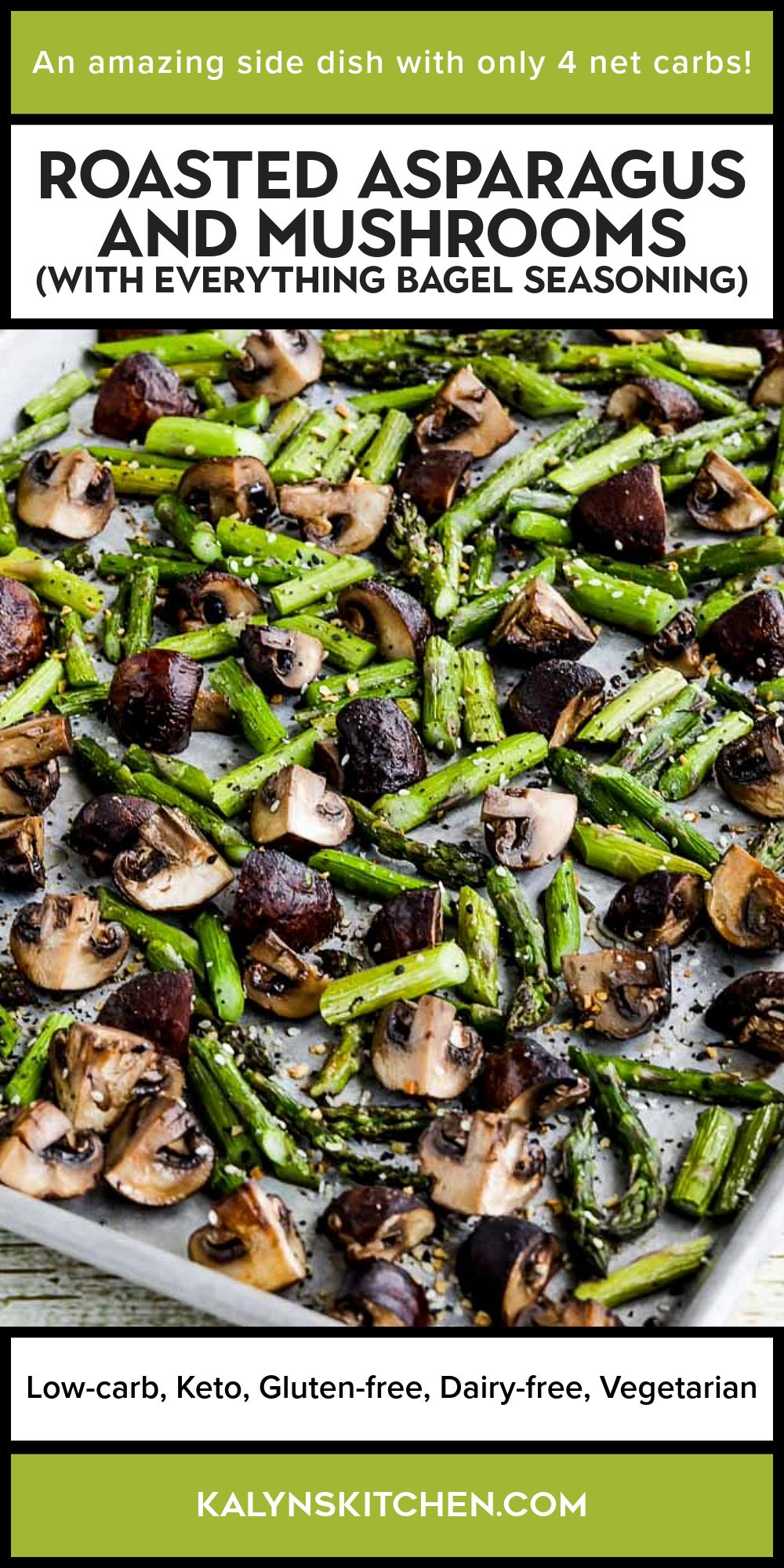 Pinterest image for Roasted Asparagus and Mushrooms shown on baking sheet.