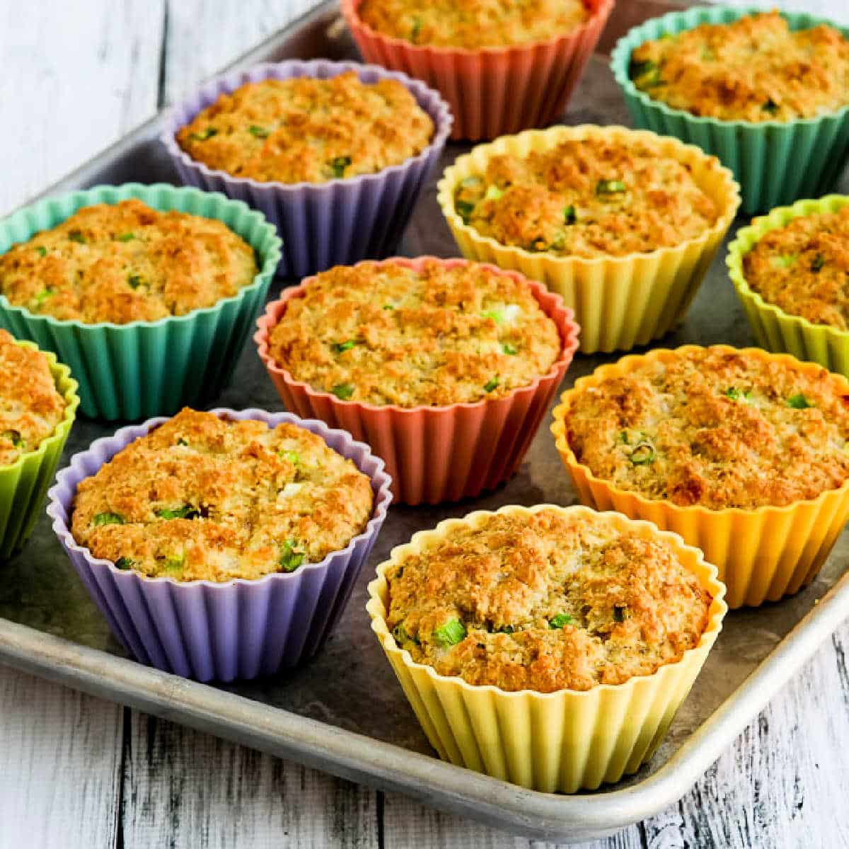 Low-Carb High-Fiber Savory Muffins shown in silicone baking cups.