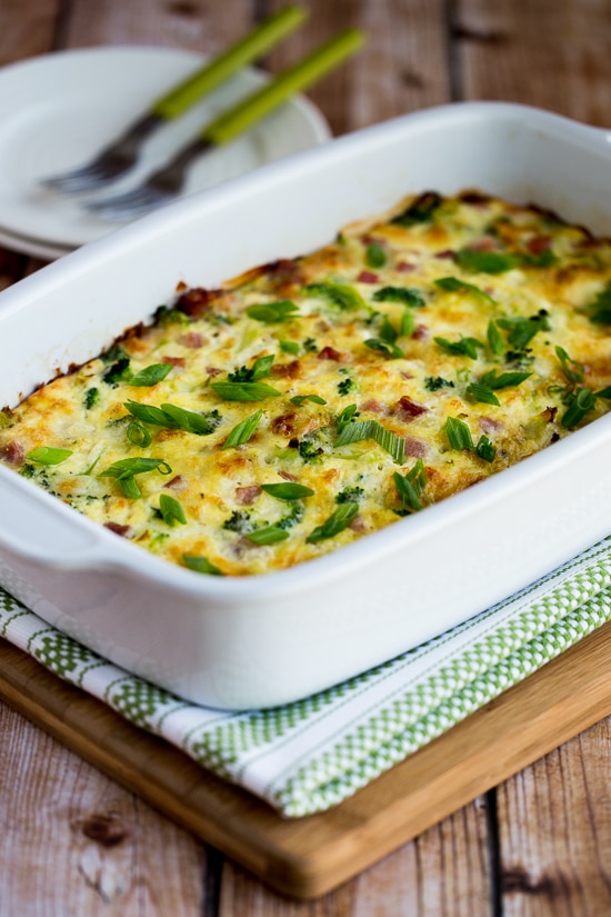 Broccoli, Ham, and Mozzarella Baked with Eggs photo of finished casserole in baking dish