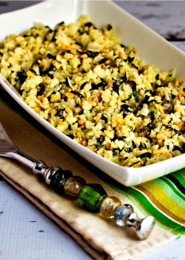 Cauliflower Rice with Basil, Parmesan, and Pine Nuts edited image of finished dish in serving bowl