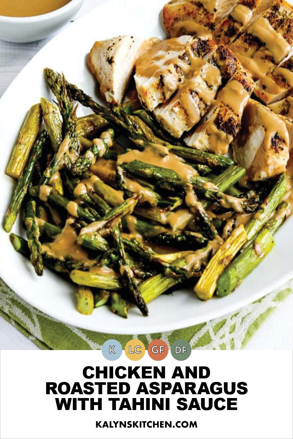 Pinterest image of Chicken and Roasted Asparagus with Tahini Sauce
