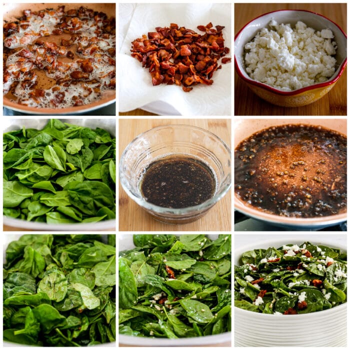 Spinach Salad with Bacon and Feta collage of recipe steps