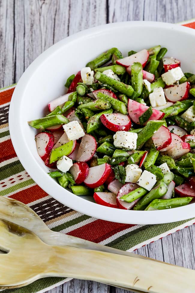 Asparagus and Radish Salad with Feta finished salad in serving bowl