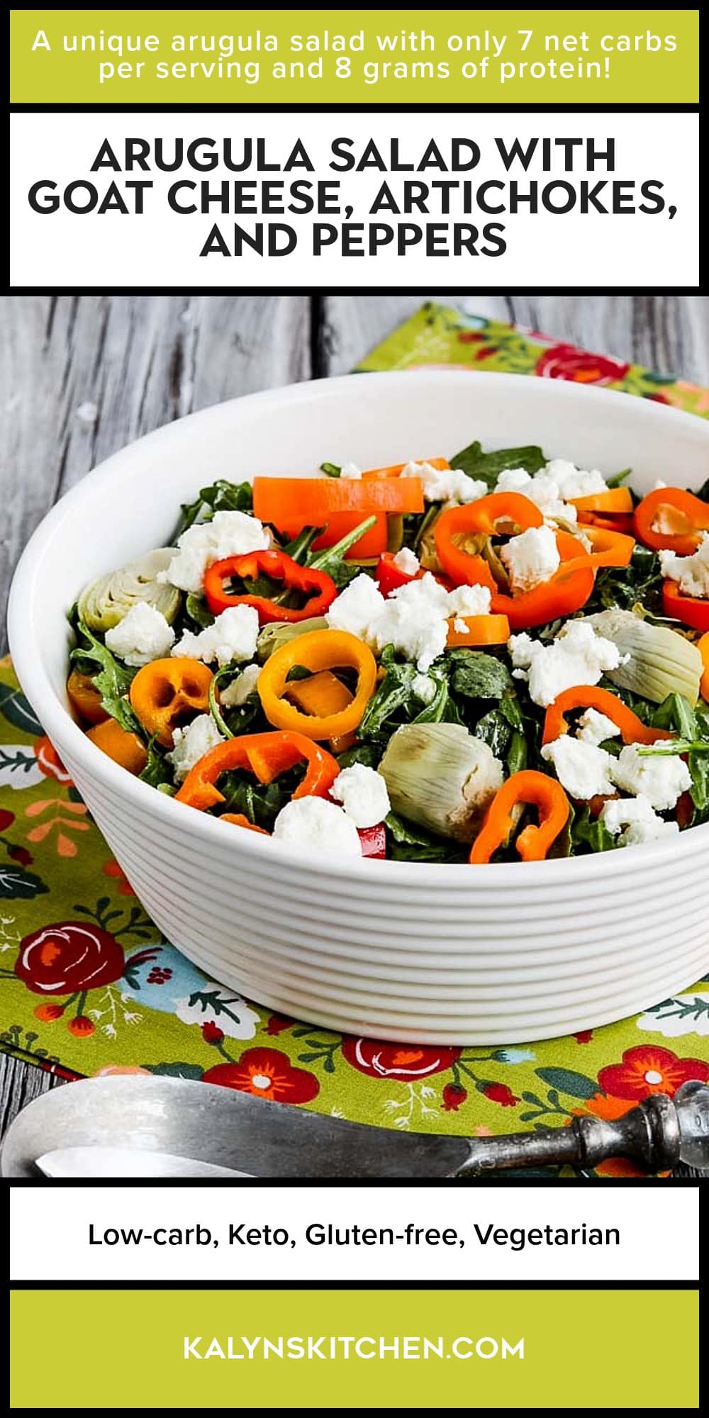 Pinterest image of Arugula Salad with Goat Cheese, Artichokes, and Peppers