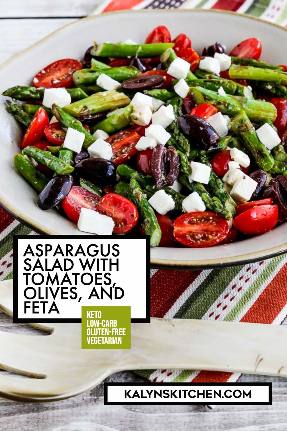 Pinterest image of Asparagus Salad with Tomatoes, Olives, and Feta