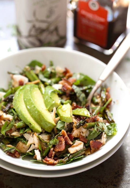 Chicken, Bacon, Avocado Salad with Roasted Asparagus from Pinch of Yum