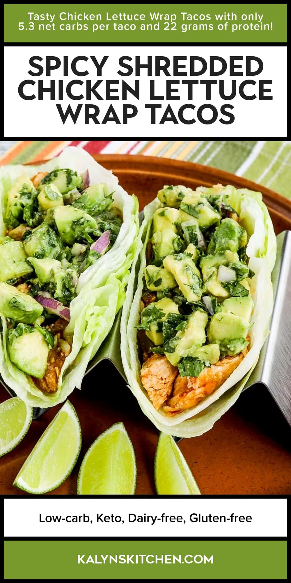Pinterest image of Spicy Shredded Chicken Lettuce Wrap Tacos