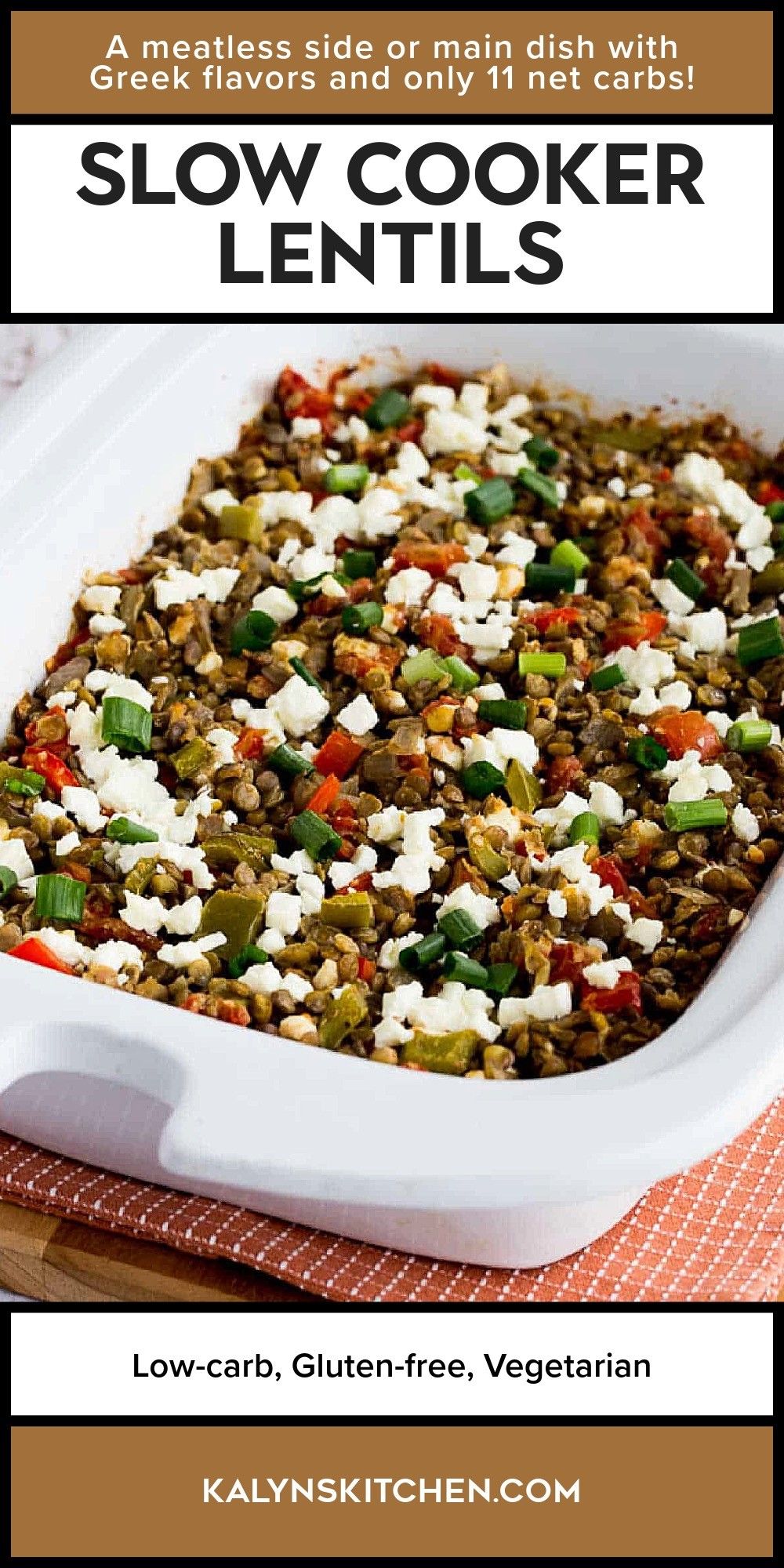 Pinterest image for Slow Cooker Lentils shown in Casserole Crock-Pot.