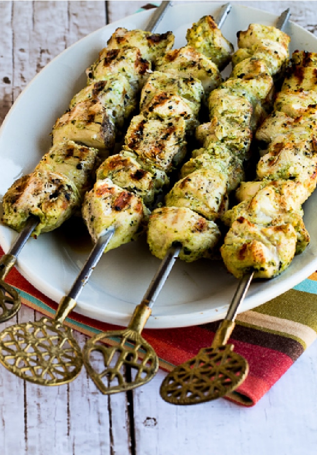 Pesto Lemon Chicken Kabobs on serving plate