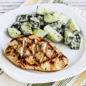 square image of Very Greek Grilled Chicken on serving plate with salad