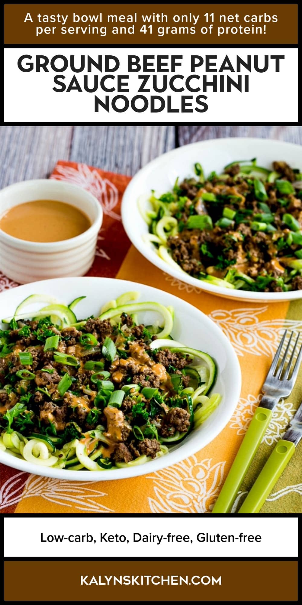 Pinterest image of Ground Beef Peanut Sauce Zucchini Noodles