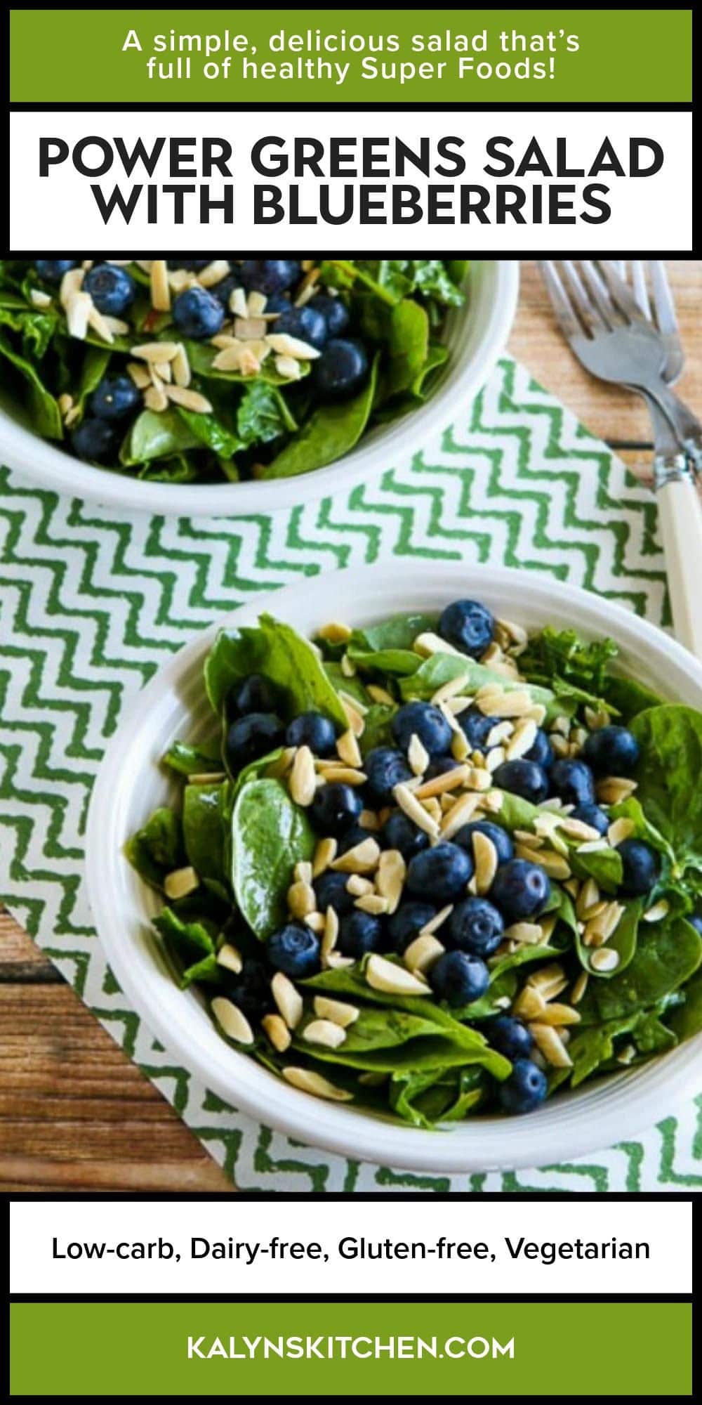 Pinterest image for Power Greens Salad with Blueberries shown in two serving bowls.