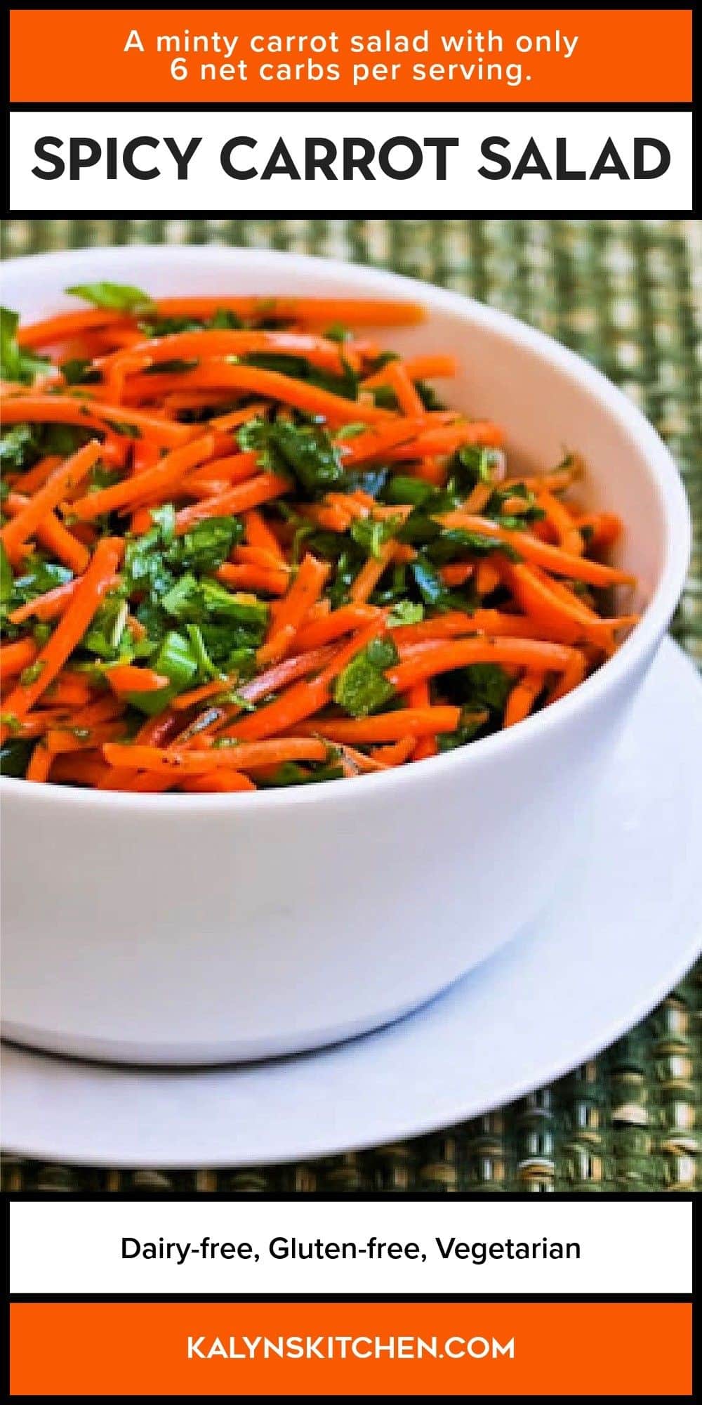 Pinterest image for Spicy Carrot Salad shown in serving bowl.