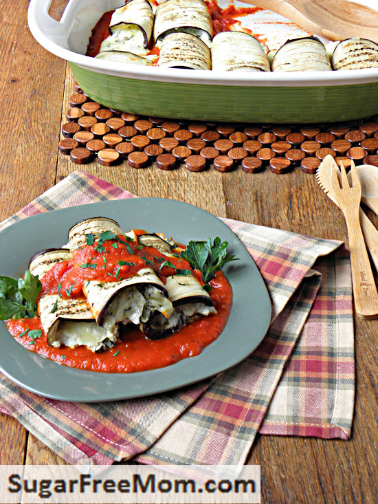 Baked Stuffed Three Cheese Eggplant Rollups from Sugar Free Mom