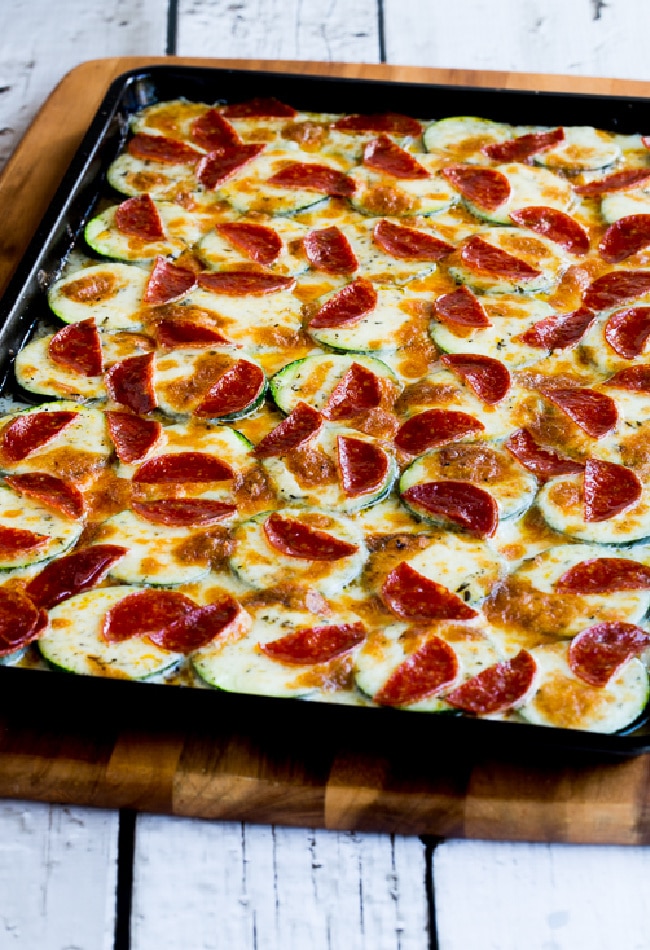 Broiled Zucchini with Mozzarella and Pepperoni shown on baking sheet