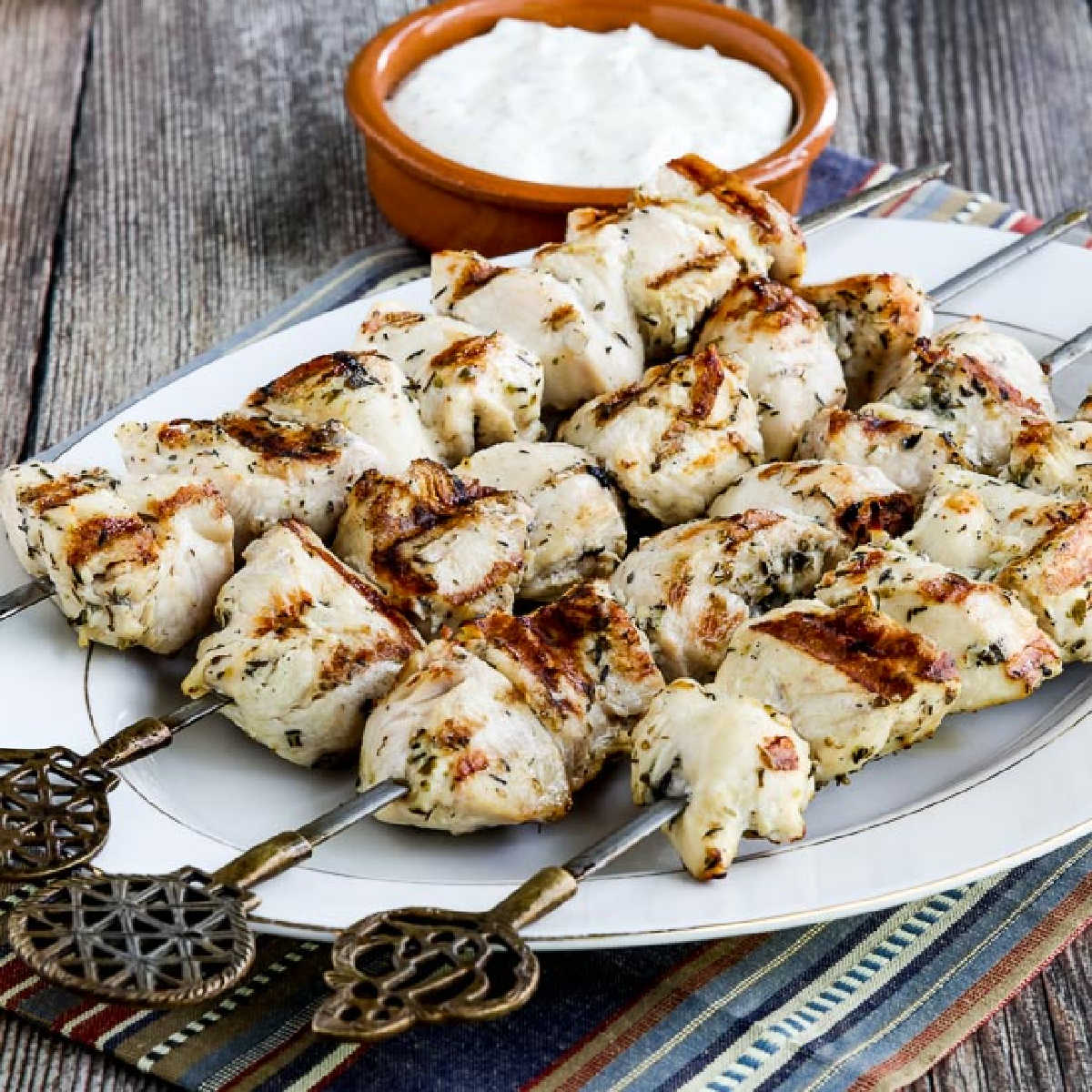 square image of Chicken Souvlaki on serving platter