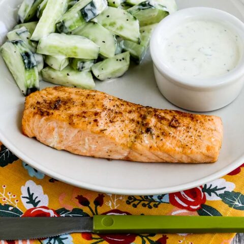 Close-up photo for Easy Low-Carb Air Fryer Salmon with Mustard-Herb Sauce
