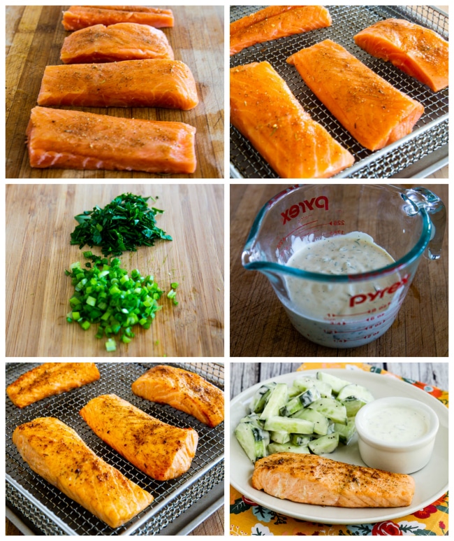 Process photo collage for Easy Low-Carb Air Fryer Salmon with Mustard-Herb Sauce
