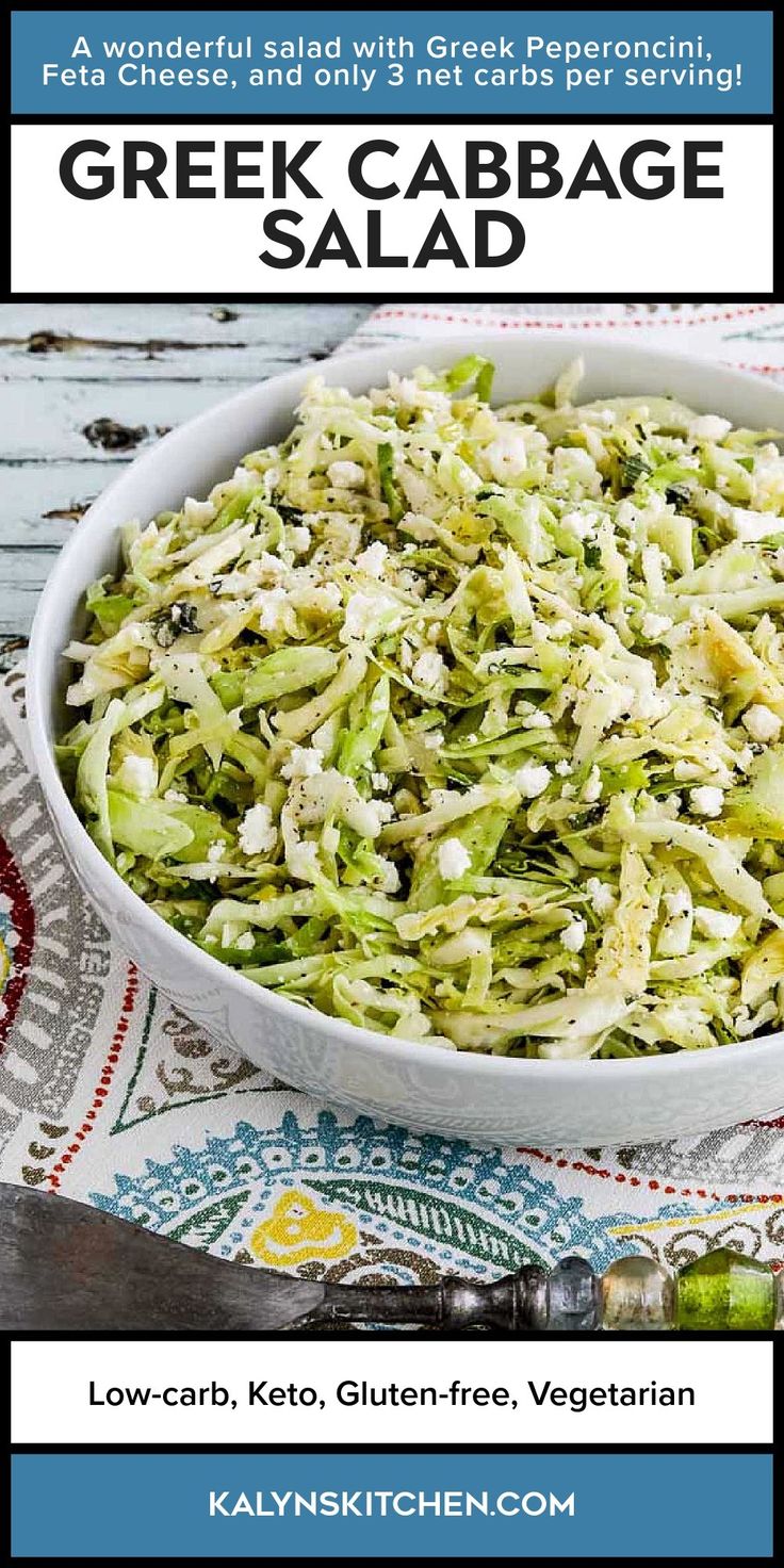 Pinterest image for Greek Cabbage Salad shown in serving bowl.