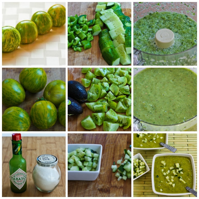 Green Zebra Tomato Gazpacho with Cucumber and Avocado process shots collage