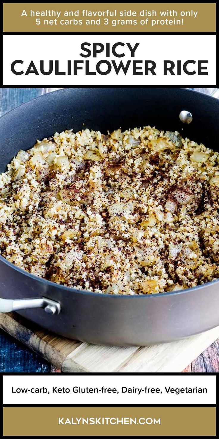 Pinterest image for Spicy Cauliflower Rice shown in pan.