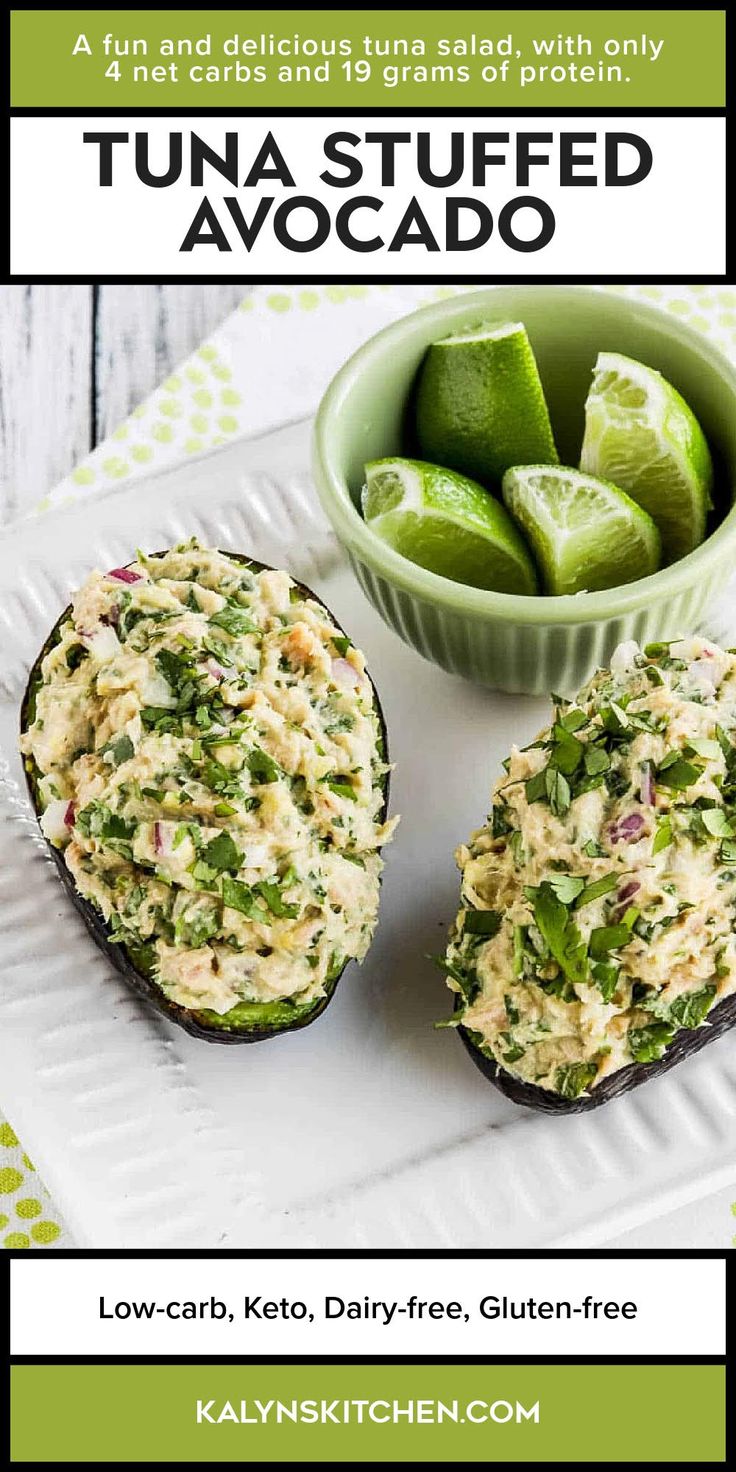 Pinterest image for Tuna Stuffed Avocado shown on serving plate with cut limes.