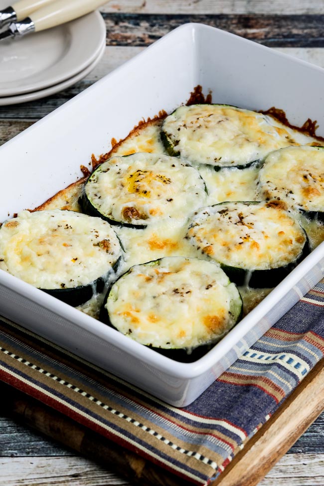 Low-Carb Baked Zucchini Popeye Eggs finished and shown in serving dish
