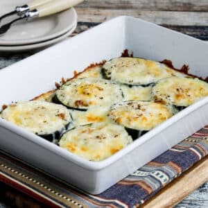 Zucchini Egg Bake shown in baking pan with melted cheese.
