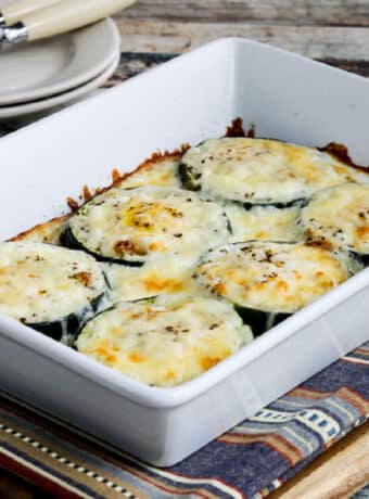 Zucchini Egg Bake shown in baking pan with melted cheese.