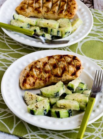 close-up shot of Completely Foolproof 100% Delicious Grilled Chicken finished chicken on plate with Cucumbers Caesar