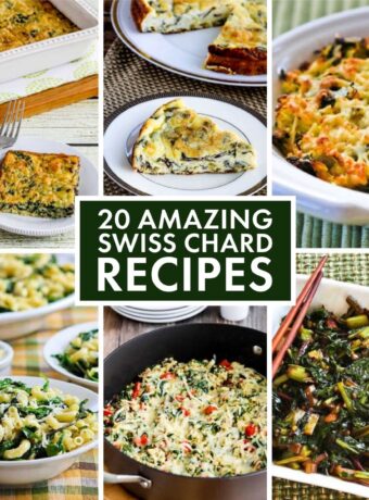 20 Amazing Swiss Chard Recipes collage with text overlay showing featured recipes.