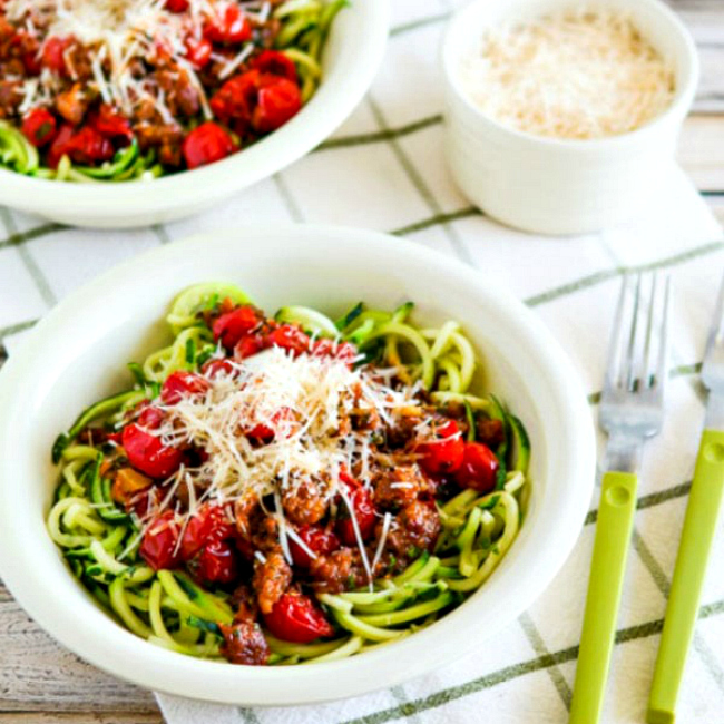 Zucchini Noodles with Spicy Cherry Tomato, Sausage, Garlic, and Herb Sauce square thumbnail image