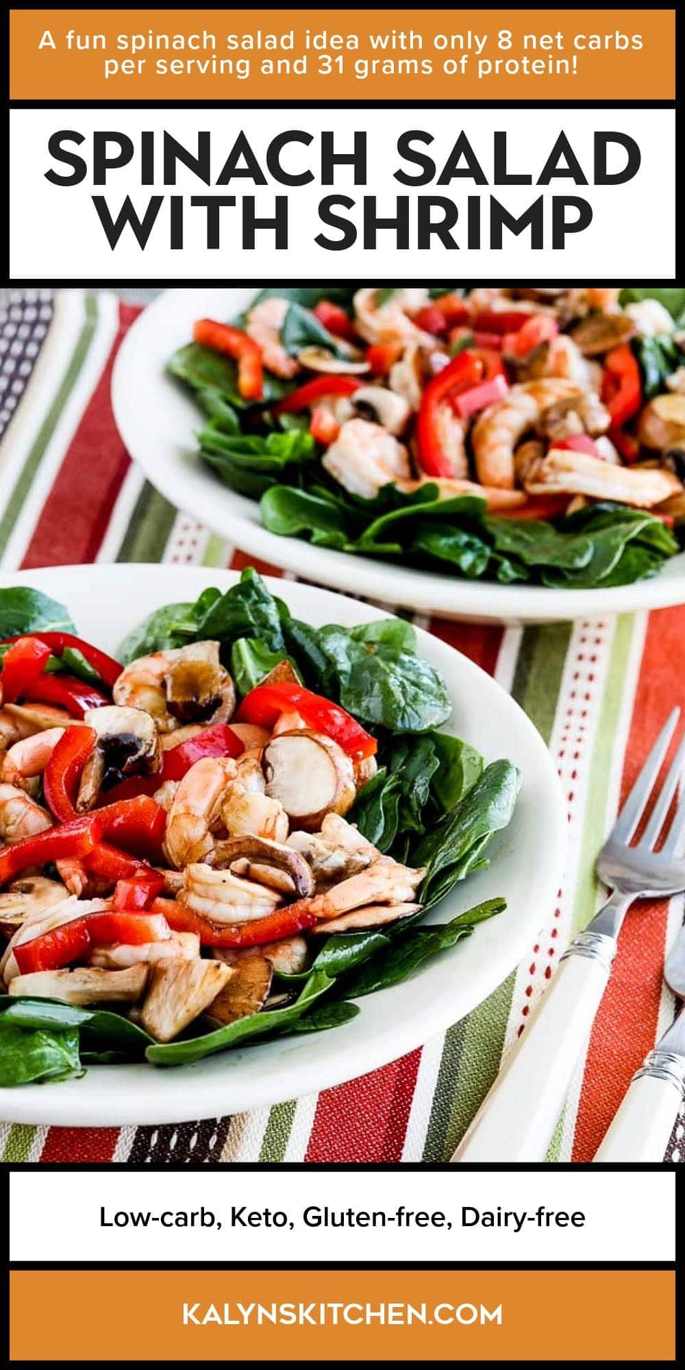 Pinterest image for Spinach Salad with Shrimp shown on two serving plates.
