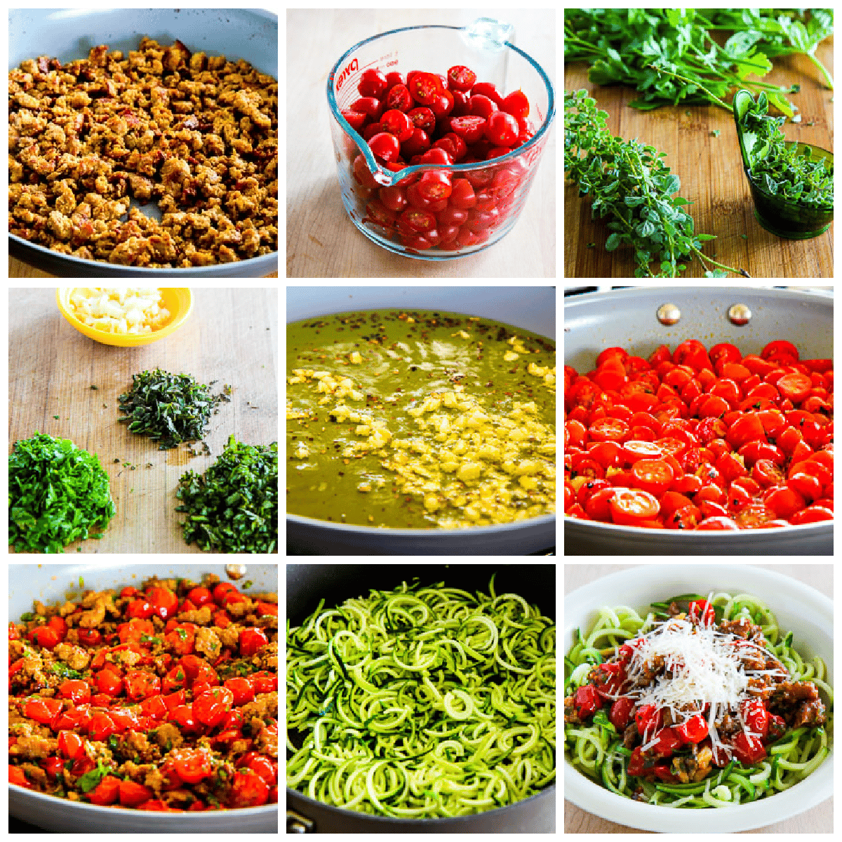 Zucchini Noodles with Cherry Tomato Pasta Sauce collage photo of recipe steps