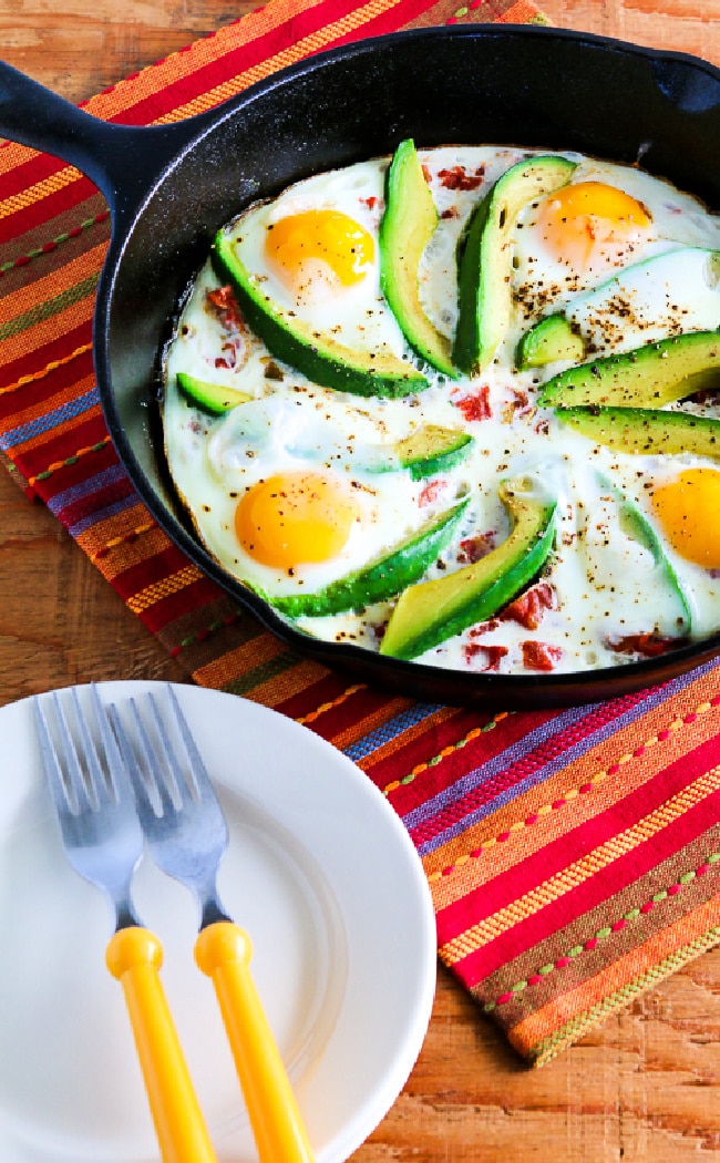 Baked Eggs Skillet with Avocado and Spicy Tomatoes finished dish in skillet