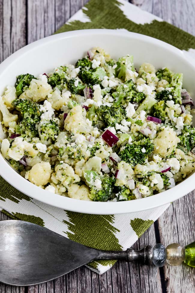 Broccoli and Cauliflower Salad with Feta finished salad in serving bowl