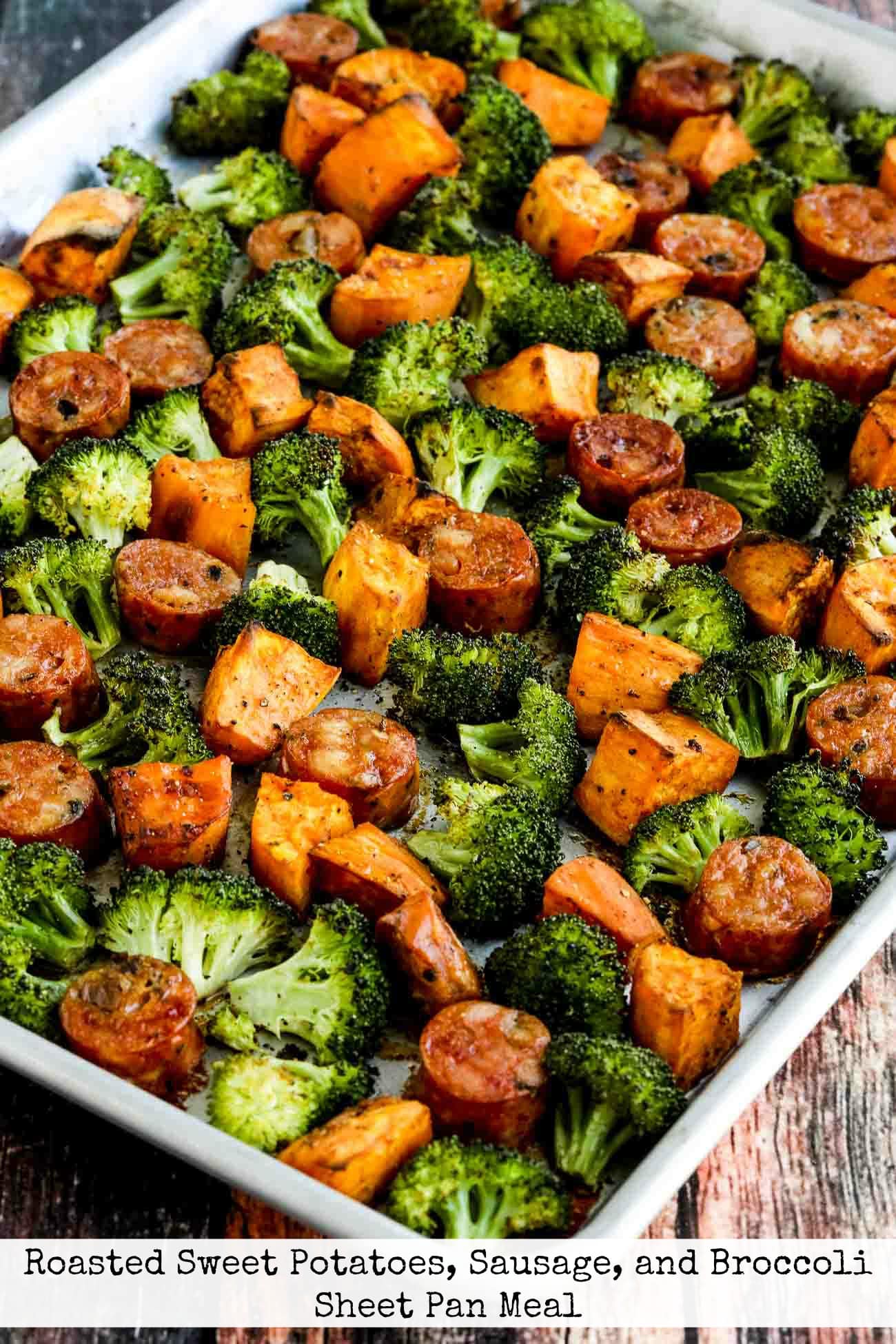 Title photo for Roasted Sweet Potatoes, Sausage, and Broccoli Sheet Pan Meal