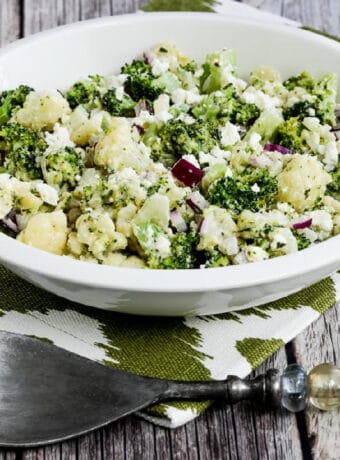 square image of Broccoli and Cauliflower Salad with Feta in serving bowl
