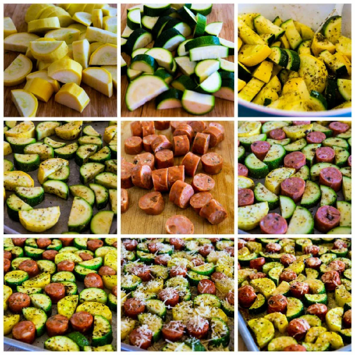 recipe step collage for Cheesy Zucchini and Sausage Sheet Pan Meal