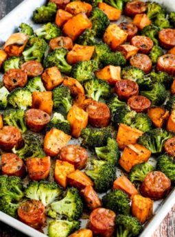 Roasted Sweet Potatoes, Sausage, and Broccoli Sheet Pan Meal (Video)