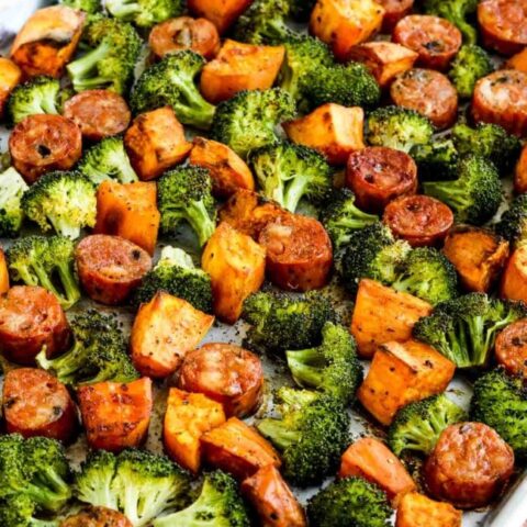 close-up photo for Roasted Sweet Potatoes, Sausage, and Broccoli Sheet Pan Meal