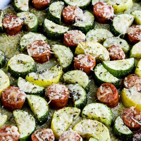 Close-up photo for Cheesy Low-Carb Zucchini and Sausage Sheet Pan Meal