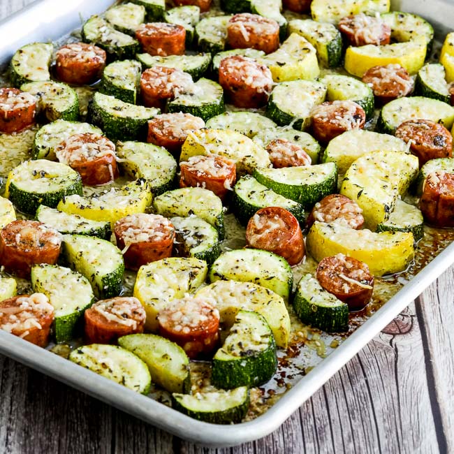 Thumbnail photo for Cheesy Low-Carb Zucchini and Sausage Sheet Pan Meal